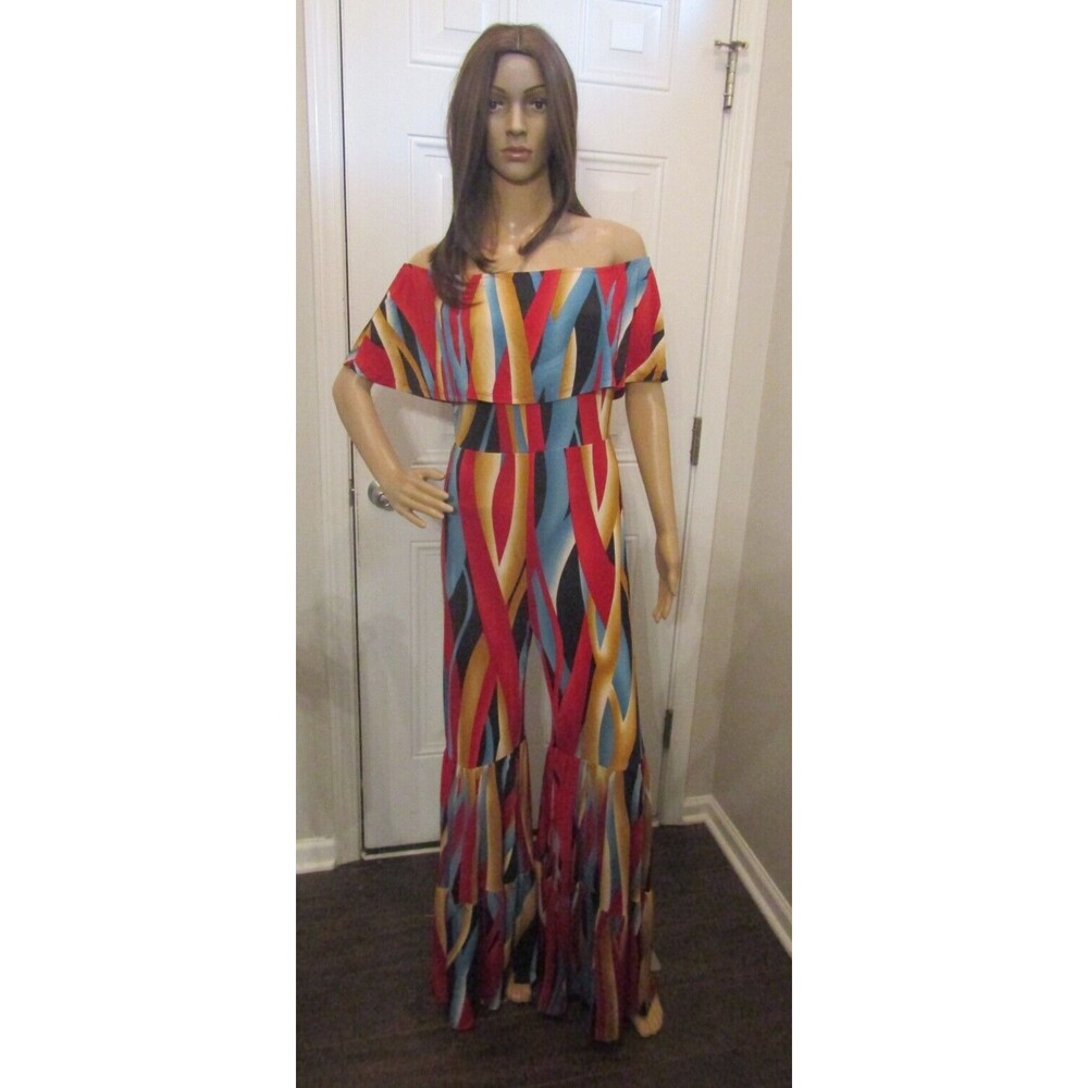 Win Win Jumpsuit Off Shoulder Ruffled Retro Striped Bell Bottom Pants NWOT Sz M - Picture 2 of 8